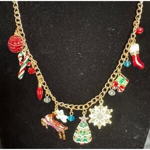 New Gold Tone Christmas Charm Necklace  Tree Snowflake Reindeer Candy Cane N113